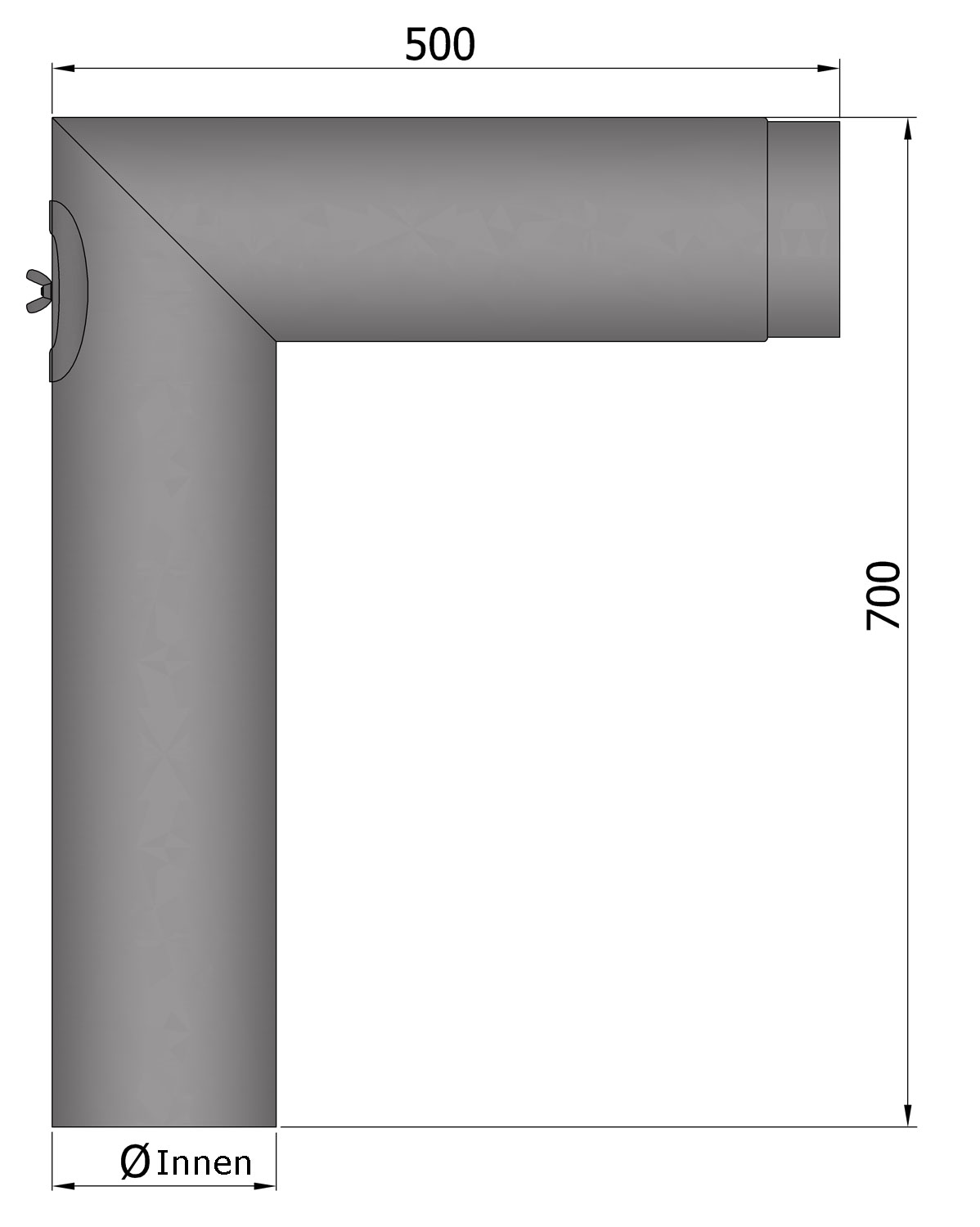 Anschlussrohr Stahl 90° 700 x 500 mm Ø 150 mm mit Tür hellgrau Rohr