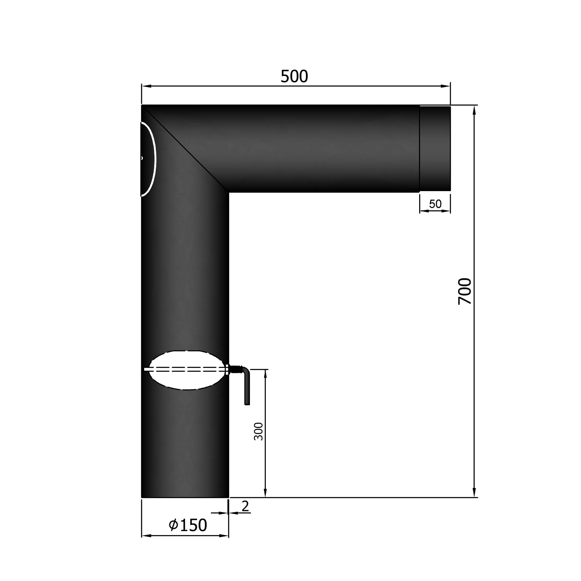 Anschlussrohr Stahl 90° 700 x 500 mm Ø 150 mm mit Tür schwarz Rohr